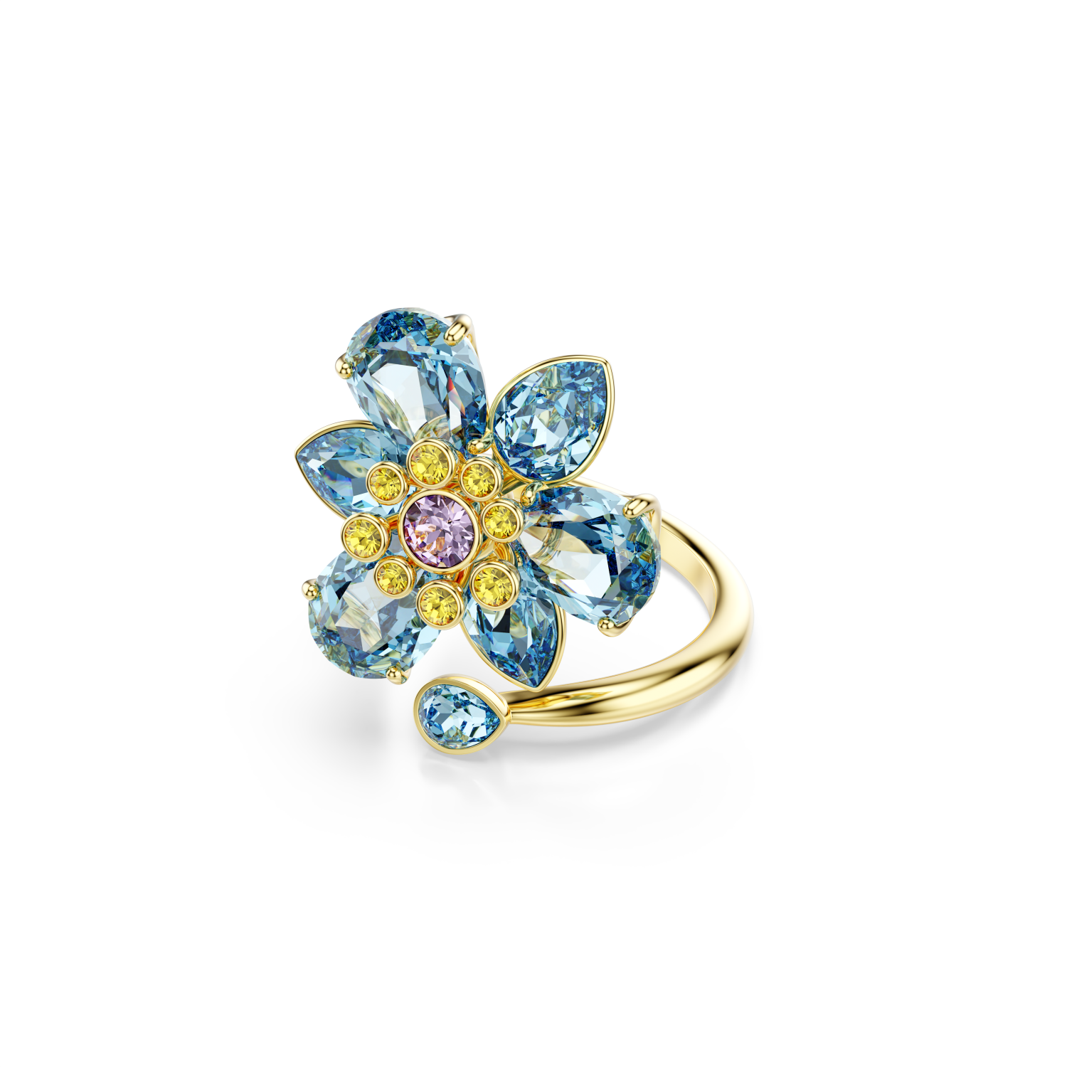 Swarovski - Anello aperto Idyllia, Taglio misto, Fiore, Blu, Placcato color oro Ref. 5721590 - SWAROVSKI