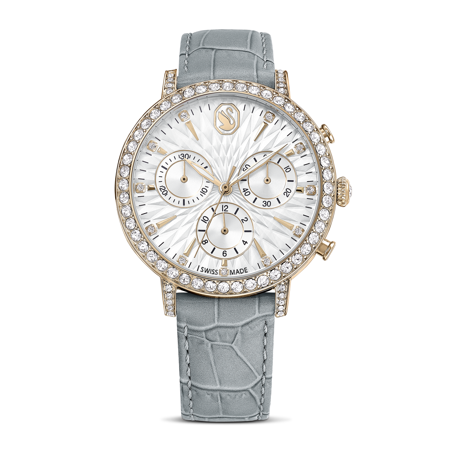 Swarovski - Orologio Matrix Tennis Chrono, Fabbricato in Svizzera, Cinturino in pelle, Grigio, Finitura in tonalità champagne dorato Ref. 5702851 - SWAROVSKI